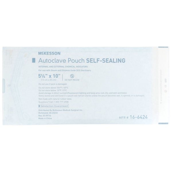 Sterilization Pouch McKesson Ethylene Oxide (EO) Gas / Steam 5-1/4 X 10 Inch Transparent Blue / White Self Seal Paper / Film, 2000 Count