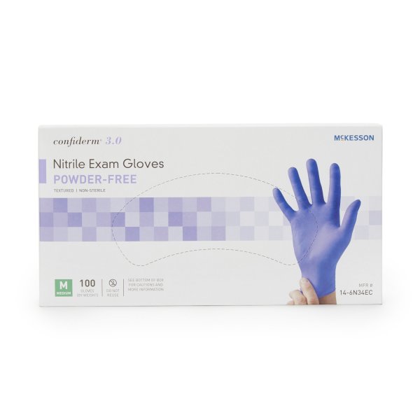 1000 Pack - McKesson Confiderm 3.0 Nitrile Exam Glove, Blue, Powder-Free Chemo-Tested, 10 boxes of 100 Pairs Each