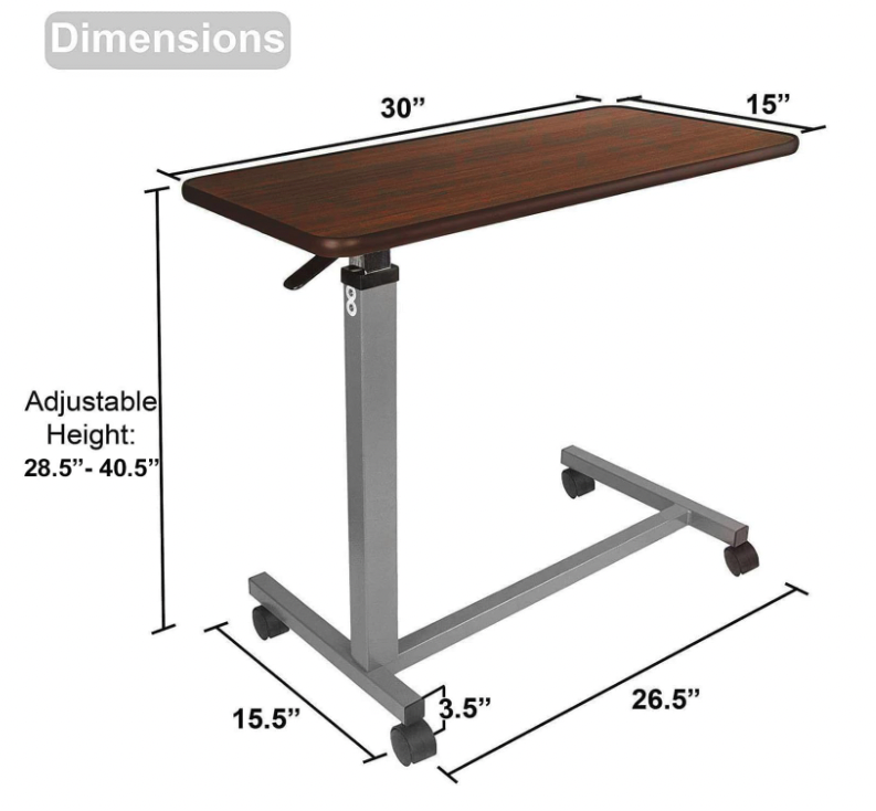 Adjustable Overbed Table With Wheels for Bedside and Hospital, Wood